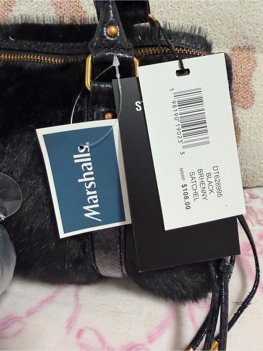 Steve Madden Black Faux-Fur Satchel with Gold Hardware